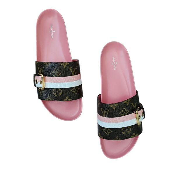Louis Vuitton Bom Dia Flat Slide Mule Sandal Brown Pink LV Monogram Size 40 US10 - Picture 6 of 13